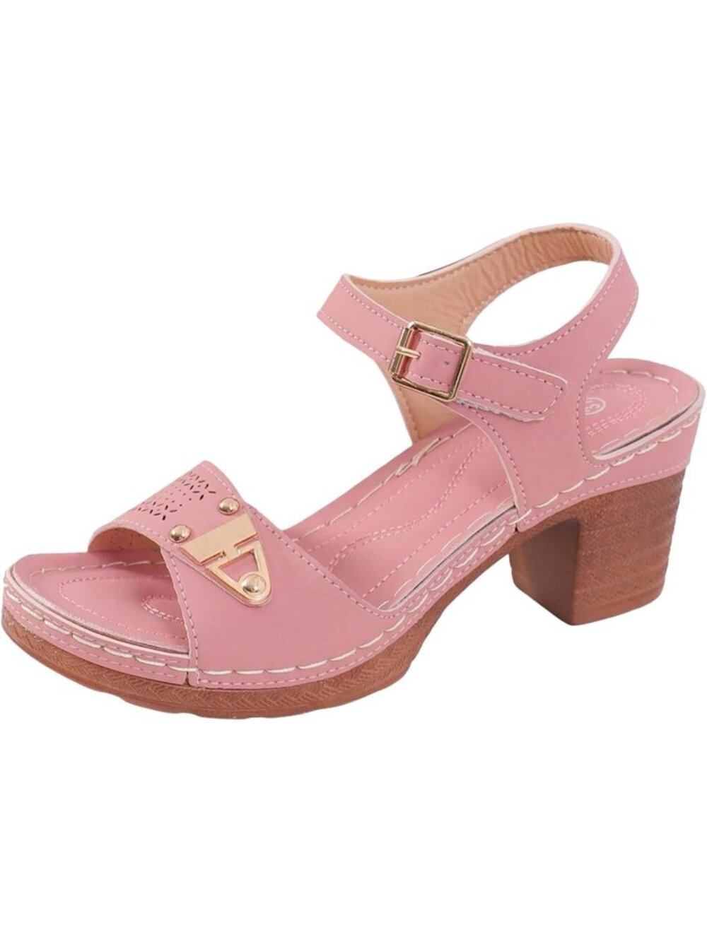 Women's Pink Dressy Low Block Chunky Heels Ankle Strap Comfortable Open Toe - Picture 4 of 7